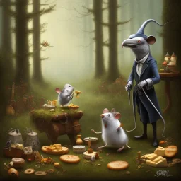 A Plague Doctor (AND) a Mouse having a port & cheese party in a forest of mushrooms by a river, art by Pixar and Disney