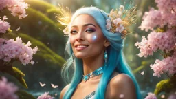 Photo realistic portrait of a gorgeous smiling skinny polynesian goddess with a golden dark shining skin, long smooth clear turquoise blue white hair, blue eyes, in a sci-fi outfit with luminous strikes blowing a kiss in a hill of flowers with sakura trees, a small torrent, loads of mini flowers, moss, sun rays through the branches, particles in the air at spring