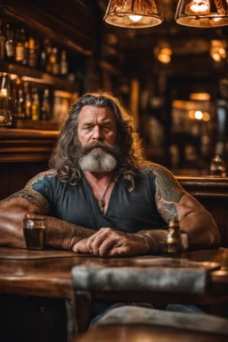 full body shot photography of a burly tired muscular beefy stocky viking tattoed 58 years old lying down relaxing on a table full of glasses of beer in irish pub, manly chest, shirtless, hairy torso, dressed wth traditional dress,, long hair, long beard, emotive eyes, big shoulders, ambient occlusions, photorealistic , top view