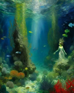 A mermaid kingdom underwater painted by Claude Monet