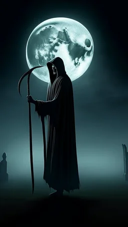 mysterious, hooded figure with a scythe, standing in a misty graveyard under a full moon. The figure should be shrouded in darkness, with only the eerie glow of their eyes and the blade of the scythe visible.