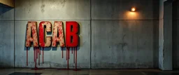 background of firing squad execution wall(wet textured concrete, gray, old, cracked, billet holes, blood stained, 1 wall light) from underground parking, german style, a large blocky upside down "ACAB" painted on left(old faded paint, red stains running down and past), cyberpunk,