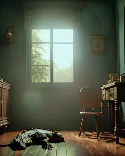 Room scene with alligator sleeping, Wes Anderson styler, realistic image, concept art, smooth, unreal engine 5, god lights, ray tracing, RTX, lumen lighting, ultra detail, volumetric lighting, 3d.