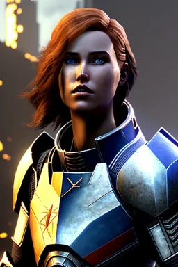 ultrarealistic, ruined city,__mass effect armor__, __angles__, 19 year old woman, strikingly beautiful, ginger hair, silver colour, [__starlets__|__starlets__], (pale __skincolor__ skin:1.2), __camera__, _hair_, detailed face and eyes, medium breasts, leather choker, freckles, dynamic pose, resolved expression, __accessory__, strappy outfit, (straps:1.1), sword in scabard on left hip, (buckles, buttons, snaps, rings:1.0), haltertop style breastplate, detailed eyes, plump lips, sci-fi theme