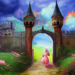  Castle into sky, with flowers of fire. Green clouds and birds. Shy girl going out of the main gate. Detailed painting, sharp color, medieval, intricate detail, far sceen, realistic colors, medieval concept art. spring.