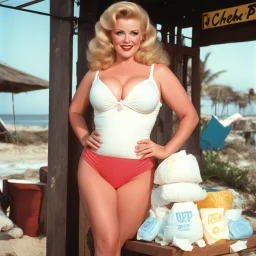[high res colour photo by Russ Meyer: pull-up thick diapers, seen from bellow] blonde Sally has an idea for a business. She knows that there were incontinent women like herself with large busts out on the beach and she is missing adult ultra thick pull-up diapers with the matching bras. Her concept is to pair diaper designs with bra designs, specifically themed for outdoor wear.