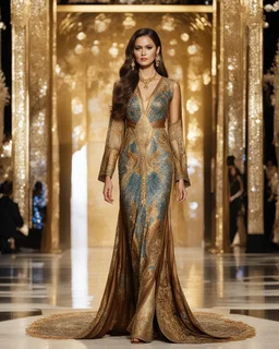 A modern fashion show with a beautiful supermodel woman in full body walking on stage front view, with brown long hair, wearing a luxury batik caftan javanese gown dress with gold decorations and full diamonds colored crystal jewelry, silver chrome shine metallic decorations, golden luxury gown batik caftan decorations metal crafts, luxury booth shoes, walking together with two beautiful birds peacock straddle wings as loyal guards, with an appropriate background, resembling a movie still.