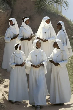 7 suore africane con tunica grigia giornata di sole precipizio fuori città uomo militare bianco giovane, terra rossa