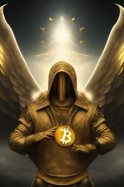 running berserker portrait , no face, black jogging suite , in the night Alps , holding bitcoin , angels background, volumetric gold light, high detail, dark leaf tree, dark mountains in background, perfect