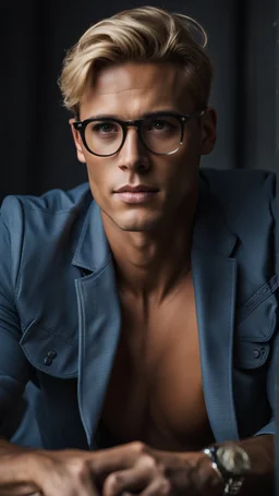 portrait of a 35 year old man very handsome with a sharp Jawline. lightly tanned skin. blonde hair cut short, clean shaven, wearing glasses