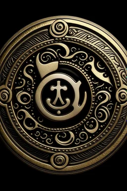 the Latin cross, aum letter, crescent and star, yin and yang, torii gate, khanda, star of david, dharma chakra all merged into one design for a coin