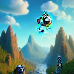 pixar style anamorphic cute snoopy the dog, MOUNTAIN, STREAM, blue sky, clouds, full body, manila city backdrop, dramatic lighting, hyper realistic, unreal engine 5, 16k