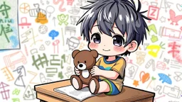 detailed digital art style, cute anime, detailed chibi face with smile, sitting on school desk in hand a bear toy, in colorful t-shirt and short paint, , messy hair random drawing background, child book style, highly detailed, no photorealism