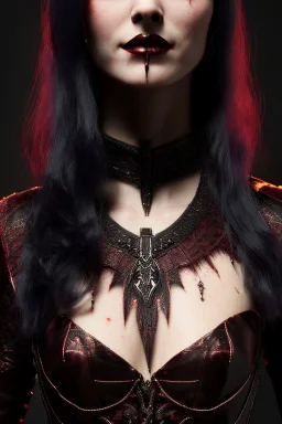 Smirking gothic vampire, waist up portrait, 8k resolution, intricate details, ornate details, soft lighting, vibrant colors, retroanime, masterpiece, intricate eyeliner, dark eyeshadow, eyes, intricate tattoos, futuristic cityscape background