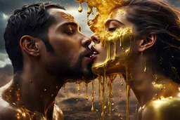 A hyper-realistic photo, beautiful face man kissing woman disintegrating into gold dripping ink and slime::1 ink dropping in water, molten lava, 4 hyperrealism, intricate and ultra-realistic details, cinematic dramatic light, cinematic film,Otherworldly dramatic stormy sky and empty desert in the background 64K, hyperrealistic, vivid colors, , 4K ultra detail, , real , Realistic Elements, Captured In Infinite Ultra-High-Definition Image Quality And Rendering, Hyperrealism