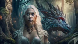 whole body image of beautiful Daenerys Targaryen in a mystical enchanted forest standing next to a dragon, HD 8K, sharp detail, hyperrealistic photo accurate face and features, cinematic lighting