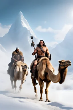 inspired by all the works of art in the world - laughing - Conan the Barbarian leads a Camel through the snow, full body image, Absolute Reality, Reality engine, Realistic stock photo 1080p, 32k UHD, Hyper realistic, photorealistic, well-shaped, perfect figure,