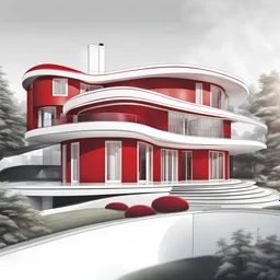 Draw an lineal illustration of a red and white country house, oval and round shapes, modern, minimalist style, ultra quality, detailed, Zaha Hadid style, Zaha Hadid style