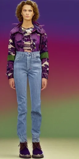 Model, Caucasian woman. sérigraphie on denim with purple, lilac, green, khaki and crimson, red colors. Camouflage patterns are screen printed on denim. Woman in her 30's. thick thighs, thick calves, flat belly, wide hip. Mantle made of recycled Denim by sewing. Big bright purple and blue felt pieces makes mantle, which is merged with satchel. purple tippet, cream-color inside the hood. AKG headphones is merged with small felt cap with small visor. Haute Couture, 1990's