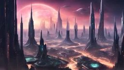 A breathtaking concept art piece of a futuristic alien cityscape in the Stellaris universe. The city is lit with mesmerizing, vibrant colors that create a captivating atmosphere. The cityscape features intricate architectural designs, with high-rise buildings and futuristic structures that stretch into the sky. The atmosphere is tense, with a sense of wonder and mystery. The attention to detail is extraordinary, showcasing a hyper-realistic rendering of the scene.