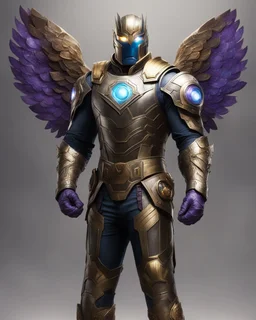 An armor made of a mixture of steel and leather, worn by a strong commander with magical power infinity gauntlet has six infinity stones And two big wings on his back