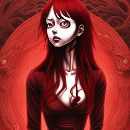 Junji Ito style, darkred tones, leaning pose,