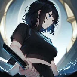 Clear focus,High resolution, black short fluffy hair, long fluffy bangs, and dark blue eyes, Depressed girl, wearing a black short shirt with a black sleeveless crop top, dark aura, controlling water, in a black room, holding a katana