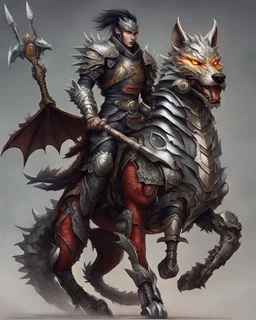 A combination of a dragon and a wolf and a commander riding on it Warrior warrior with leather and metal clothes and robotic metal