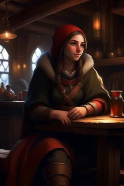 DnD style, medieval beautiful woman dressed in warm winter clothes sitting in a tavern