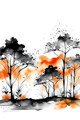 Watercolor black and white far away plam trees with orange little flowers on the trees