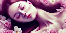 girl buried in flowers, dead, beautiful, eyes closed, laying down, close up