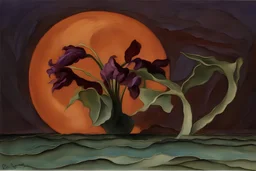 small flower o'keeffe, blue, purple, organic, free, simple, light, damp, wavy, big yelloqy moon in the background