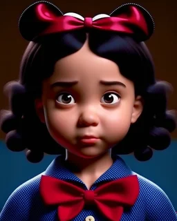 3D. Hyperrealistic photograph of Mafalda in real life, with a bowtie or butterfly type bow on her head. Straight hair. (((Whole body)))