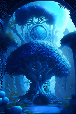 A bright blue Persian sci-fi garden dungeon with a silver apple tree at its center