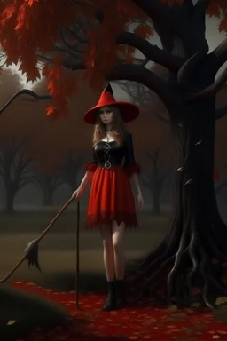 a young witch in a red low-cut short skirt, standing under a black tree, with a staff in one hand, photorealistic, delicate detail.