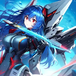 girl, masterpiece, best quality, volumetric lighting, dynamic pose, detailed outfit, perfect eyes, blue hair, red eyes, messy hair, long hair, mech outfit,