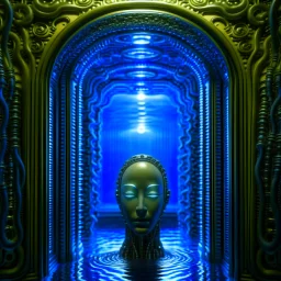 portrait of transparent chat robot in the style of giger, in front of teleporter portal to the sea in an underground grove, in the style of dali, 8k, down-light, soft light, depth of field, photo realism, trending on art station, high detail