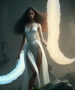 Holy Virgin, celestial light, beautiful, long fabric dress, beautiful long black hair to the waist, snake around body, head and shoulders portrait, 8k resolution concept art portrait by Greg Rutkowski, Unreal Engine 5 volumetric lighting