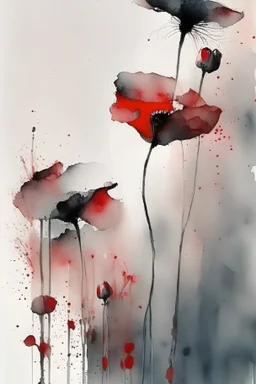 Abstract wet watercolour, grey red poppies