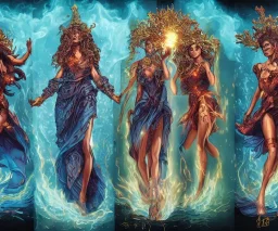 Four doll divine representing each one the four elements: Fire: Earth: Air: Water. Mark Brooks and Dan Mumford, comic book art, perfect, smooth elemental galactic space core royalty queens crown.