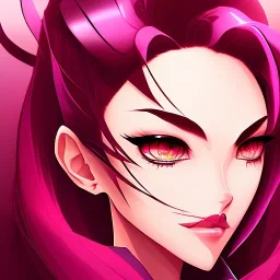 diamond blue eyes, and dark pink hair, teardrop shaped eyebrows, woman, angry expression, pointy ears