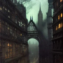 Skyline Gothic bridges between building,Bridges on rooftops, Gotham city,Neogothic architecture, by Jeremy mann, point perspective,intricate detailed, strong lines, John atkinson Grimshaw, steampunk