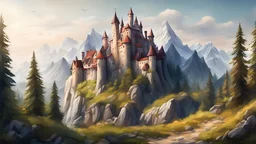 Beautiful realistic landscape with mountains, a castle and forest