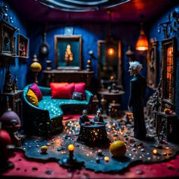 Detailed creepy living-room made of modeling clay, naïve, Tim Burton, strong texture, person, extreme detail, Max Ernst, decal, rich moody colors, sparkles, Yves Tanguy, bokeh, odd