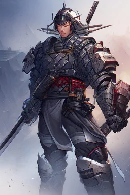 Fully armored cyberpunk samurai, photorealistic