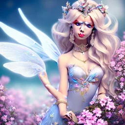 cute fantasy fairy with transparent wings, smiling, blue eyes, make up, long platinum blond hair with crown and flowers, pink dress, unreal engine