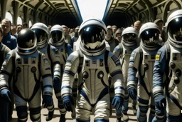 A group of humans with spacesuit walking out of a spaceship in front of a crowd