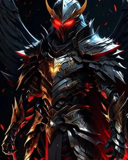 black and gold armor with glowing red eyes, and a ghostly red flowing cape, crimson trim flows throughout the armor, the helmet is fully covering the face, black and red spikes erupt from the shoulder pads, crimson and gold angel like wings are erupting from the back, crimson hair coming out the helmet, spikes erupting from the shoulder pads and gauntlets