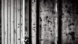 unhinged door, anime, monochrome, black background, ink, simple, maximum quality, broken hinge, barely functioning, why is it still being used it's a health hazard