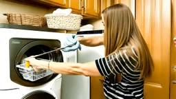 very confused young woman places a few metal spoons into her household dryer